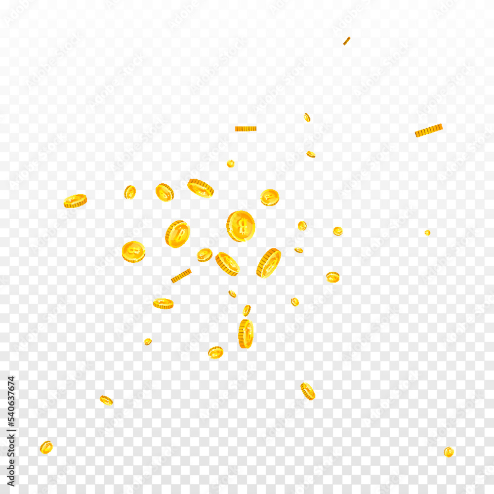 Bitcoin coins falling. Cryptocurrency scattered Bitcoin coins falling. Cryptocurrency scattered