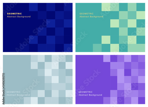 Abstract geometric background, set of 4 geometric wallpaper vector design, blue, green, purple and grey color, minimal background for backdrop, website banner, poster, book cover.