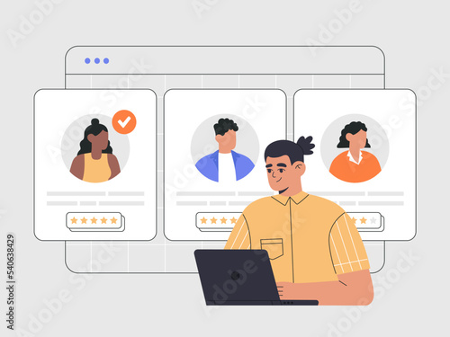 Recruitment agency, hiring employees. Hr manager with laptop selects the best candidate for job online. CV, resume analysis. Hand drawn vector illustration isolated on background, flat cartoon style