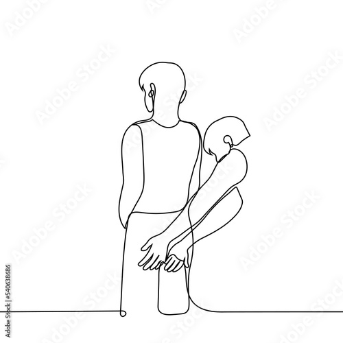 standing man is grabbed or slapped on the buttocks by another man - one line drawing vector. concept homosexual harassment, man playing with best friend