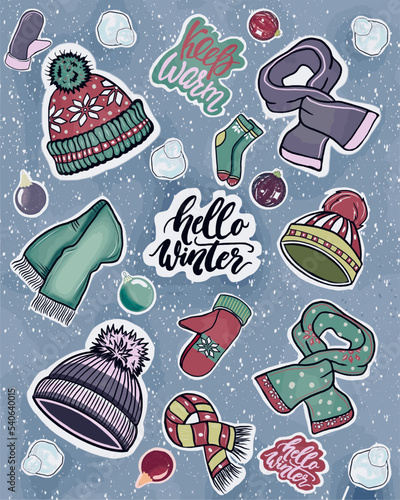 Winter stickers set of knitted hats, scarves, mittens, snowballs, Christmas decorations. Sticker pack of warm clothes, winter mood, hand drawn illustration, vector. Print for paper, diary stickers