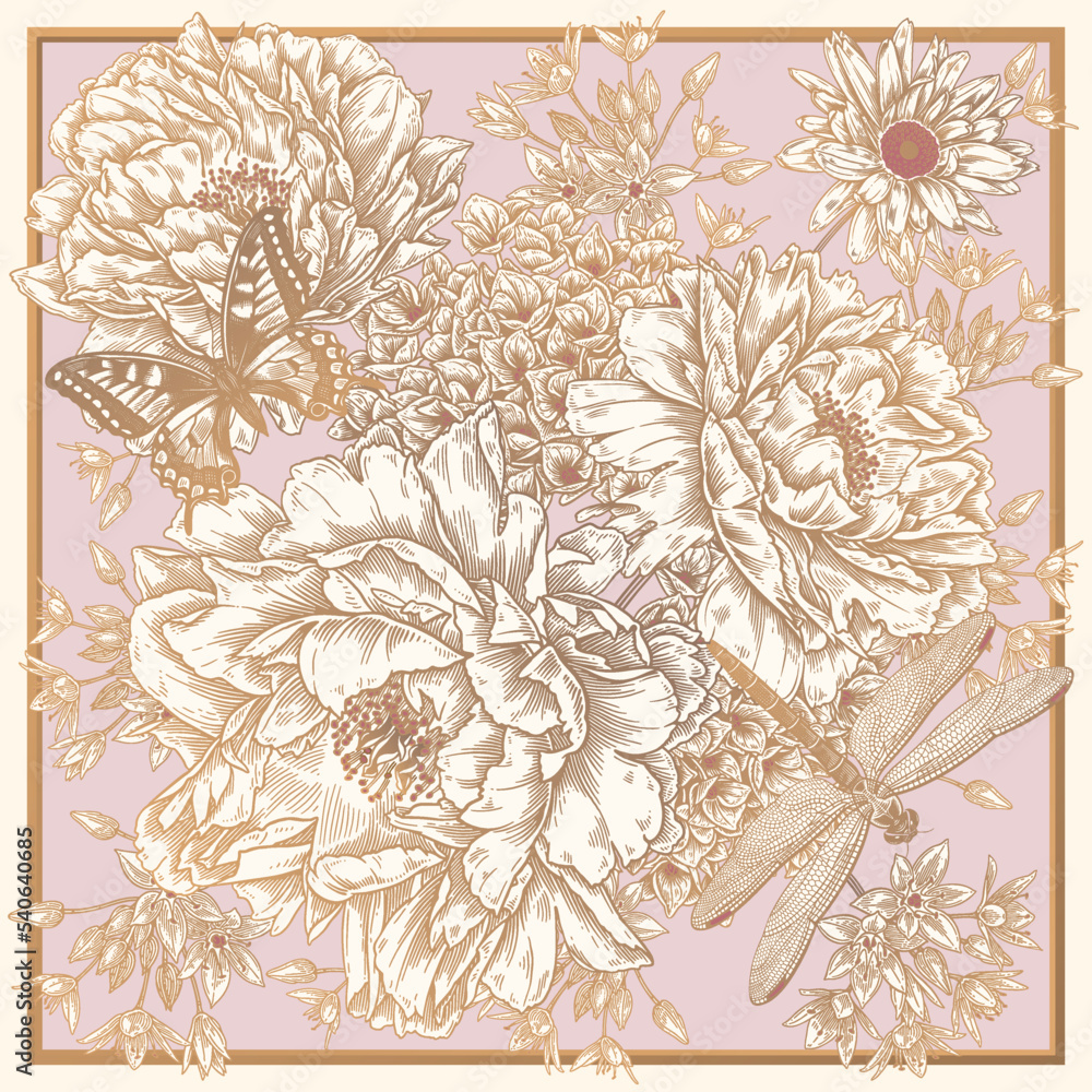 Bouquet of garden flowers peonies, butterfly and dragonfly. Vintage pattern for scarves and pillows. Bouquet of garden flowers peonies, butterfly and dragonfly. Vintage pattern for scarves and pillows.