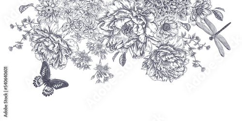 Luxurious decoration. Garland of luxurious blooming peonies, butterfly and dragonfly.