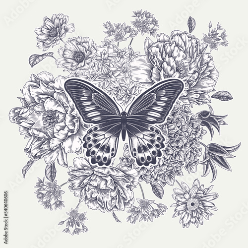 Wedding decoration. Blooming flowers and butterfly.