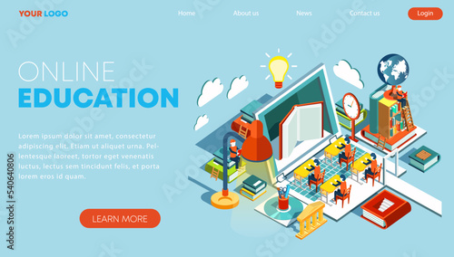 Modern flat design isometric concept of online education for banner and website. Landing page template. Training courses, e-learning, tutorials, lectures. Vector illustration 