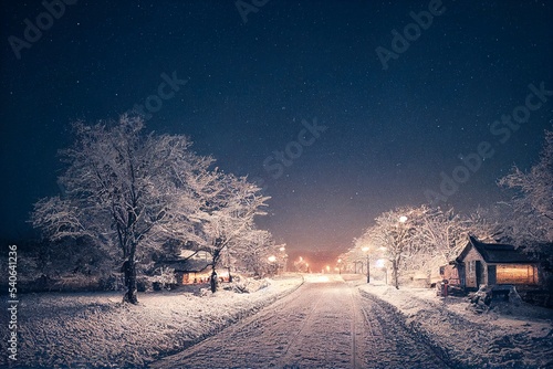 Winter snowy small cozy street with lights in houses, falling snow town night landscape. Winter holidays night time backdrop. Merry Christmas vintage retro illustration background.