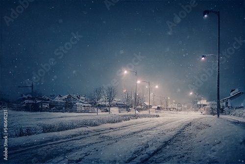 Winter snowy small cozy street with lights in houses, falling snow town night landscape. Winter holidays night time backdrop. Merry Christmas vintage retro illustration background.