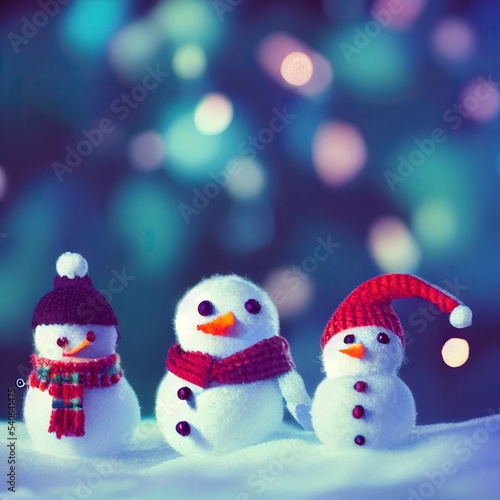 Cute happy snowman toy on winter background 