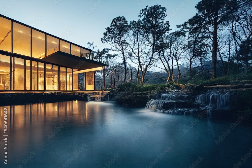 Fototapeta premium Outdoor Industrial Contemporary mansion with sleek led light design