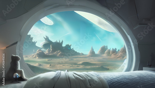 Fototapeta Naklejka Na Ścianę i Meble -  futuristic bedroom on another planet, cosy room with round windows looking out to extraterrestrial landscape