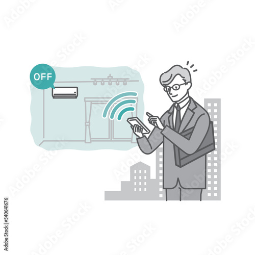 スマートホーム：エアコン_外出先からスマホアプリで家のエアコンを消す若い男性