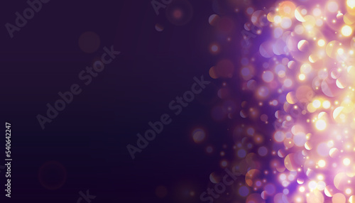 Bokeh with golden flashes light on purple background. Vector luxury design for banner, poster or holiday card decoration.