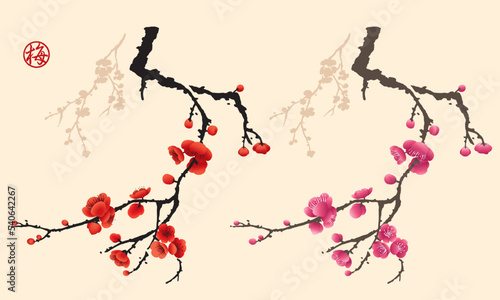 Plum blossom drawing presented in Chinese ink painting style. Vector. Chinese word means plum blossom.