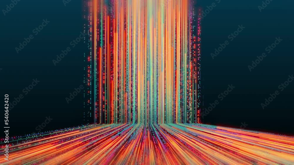 Endless data flowing stream, cyberspace technology connection with particles, neon light data lines abstract background 3D video seamless loop