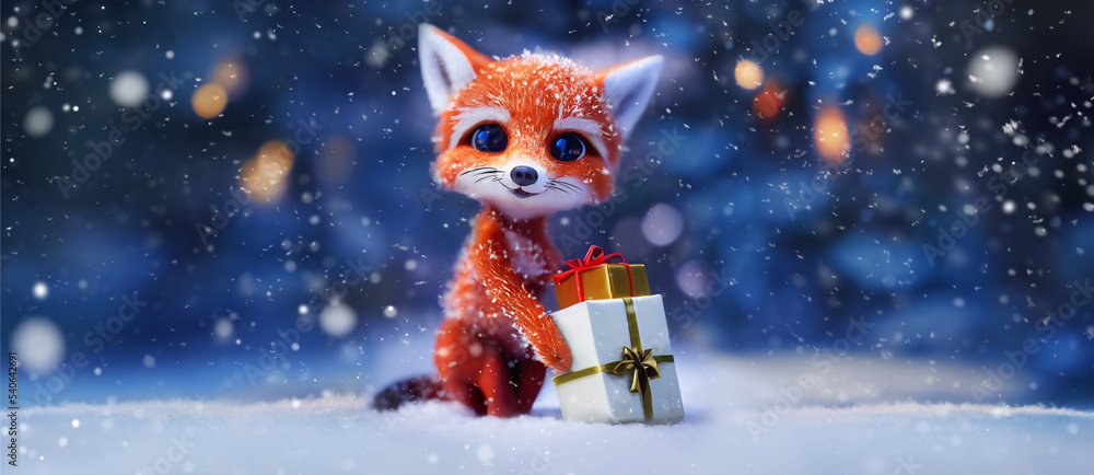 Fototapeta premium cute baby fox in a winter forest on a winter day. christmas fox.