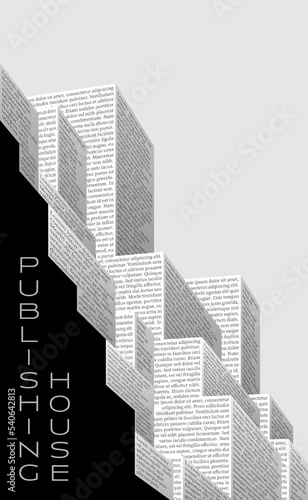 Skyscrapers with text on the walls. Vector illustration of a city block with book publishing houses. Sketch for creativity.