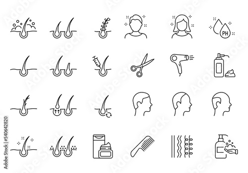 Hair Care and Loss Problem. Shampoo, Dandruff, Haircut, Growth and Alopecia Line Icon. Treatment and Problem of Hair. Barbershop Tools Flat Linear Icons. Editable stroke. Isolated Vector illustration