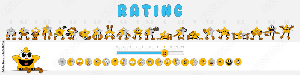 Rating scale from 1 to 10 with comic stars for consumer review. Cute ...