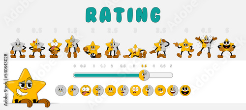 Rating scale from 1 to 5 with comic stars for consumer review. Cute rating stars characters in retro comic cartoon 1930s style. Customer feedback and positive rating. Big set of rating stars, emoji