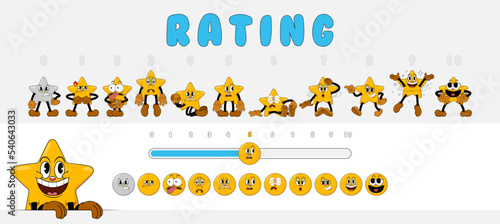 Rating scale from 1 to 10 with comic stars for consumer review. Cute rating stars characters in retro comic cartoon 1930s style. Customer feedback and positive rating. Big set of rating stars, emoji