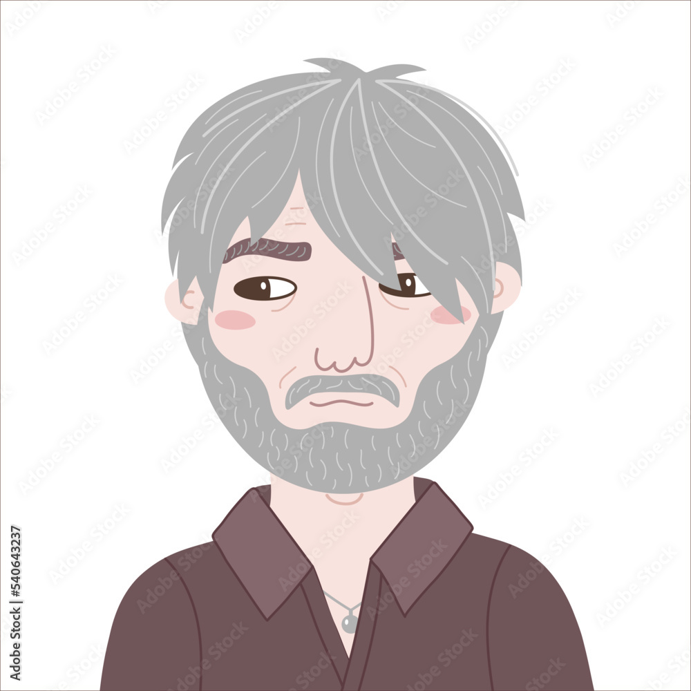 Portrait of a casual unsmiling Asian man with mustache and beard. Vector flat illustration of an old guy with looking sideways. An elderly in a shirt. Hand drawn cartoon avatar for social network. Portrait of a casual unsmiling Asian man with mustache and beard. Vector flat illustration of an old guy with looking sideways. An elderly in a shirt. Hand drawn cartoon avatar for social network.
