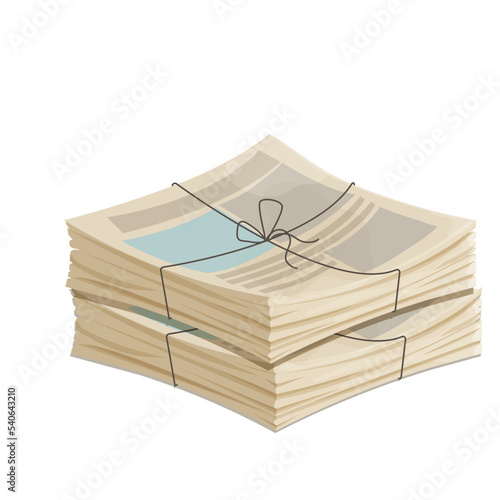 Newspaper pile, stack of magazine with rope in cartoon style isolated on white background. 