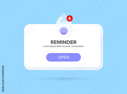 Reminder in modern trendy 3D style and glass morphism. Notification page. Glass morphism bell icon. Business planning, events, reminder and timetable. Vector Illustration