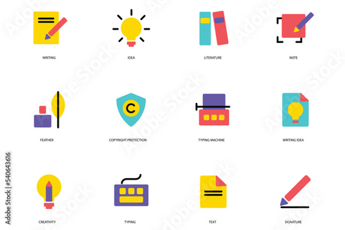 Copyrighting set of icons concept in the flat cartoon style. Different methods of printing and writing texts. Vector illustration.