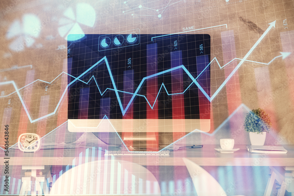 Multi exposure of financial graph drawing and office interior background. Concept of market analysis. Multi exposure of financial graph drawing and office interior background. Concept of market analysis.