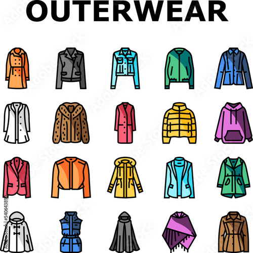 outerwear female clothes girl icons set vector. woman fashion  coat clothing  jacket stylish  people person young casual  style outerwear female clothes girl color line illustrations