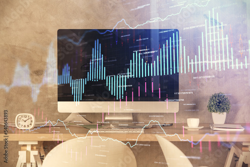 Multi exposure of financial graph drawing and office interior background. Concept of market analysis.