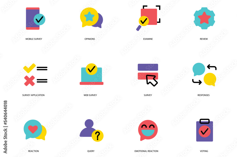 Survey set of icons concept in the flat cartoon design. Different types of survey that can be conducted among the people. Vector illustration. Survey set of icons concept in the flat cartoon design. Different types of survey that can be conducted among the people. Vector illustration.
