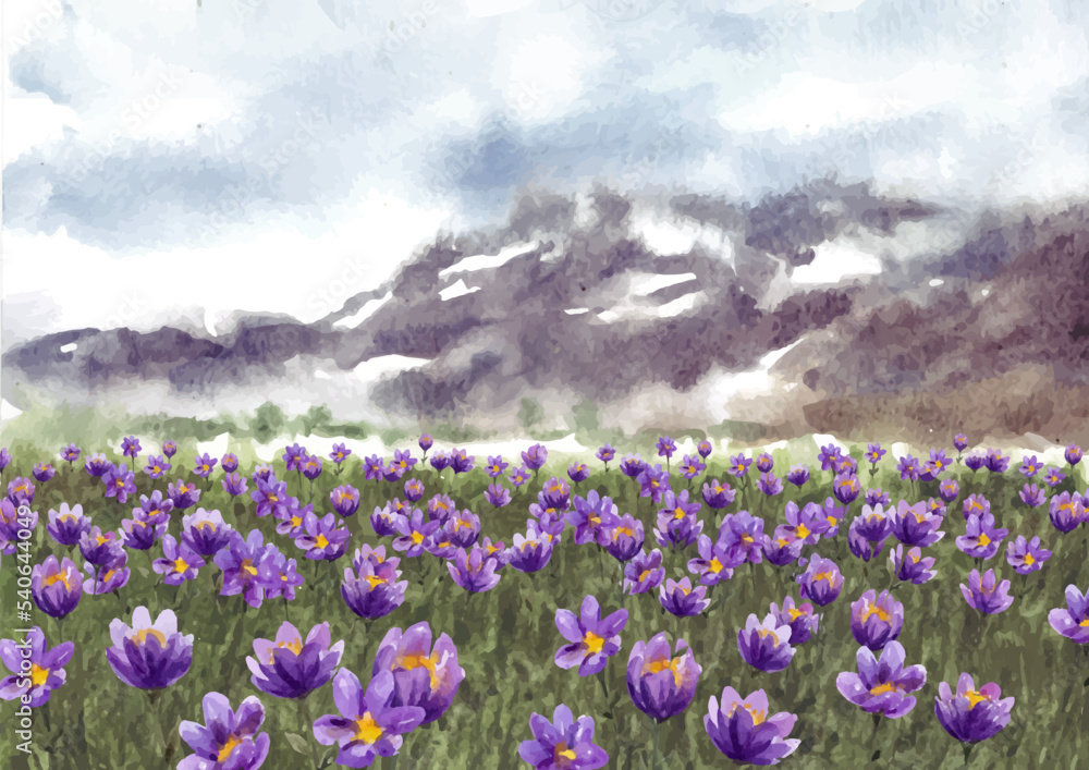 Nature landscape with purple flowers and mountain watercolor