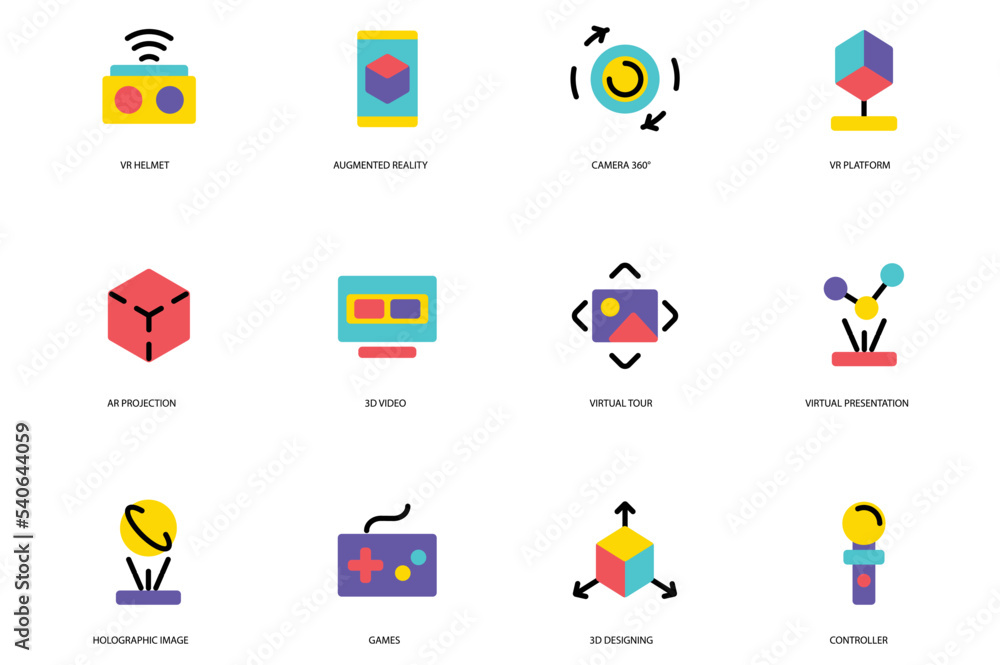 Virtual Reality set of icons concept in the flat cartoon design. Gadgets and innovations that help people to get into virtual space. Vector illustration. Virtual Reality set of icons concept in the flat cartoon design. Gadgets and innovations that help people to get into virtual space. Vector illustration.