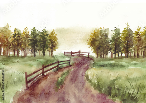 Morning nature landscape with road and fence watercolor