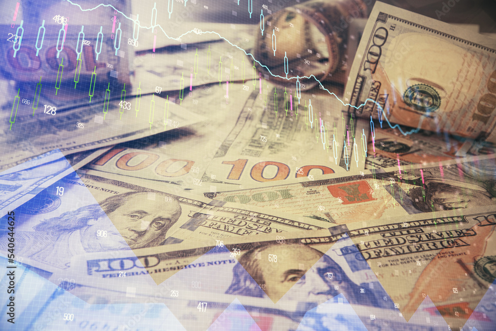 Multi exposure of forex chart drawing over us dollars bill background. Concept of financial success markets. Multi exposure of forex chart drawing over us dollars bill background. Concept of financial success markets.