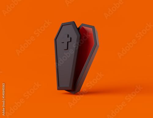 Simple halloween coffin 3d render illustration. Isolated object on yellow background photo