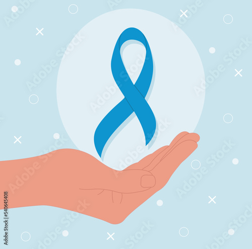 Prostate cancer awareness ribbon with. A male hand holds a symbol of mens health. Flat vector illustration