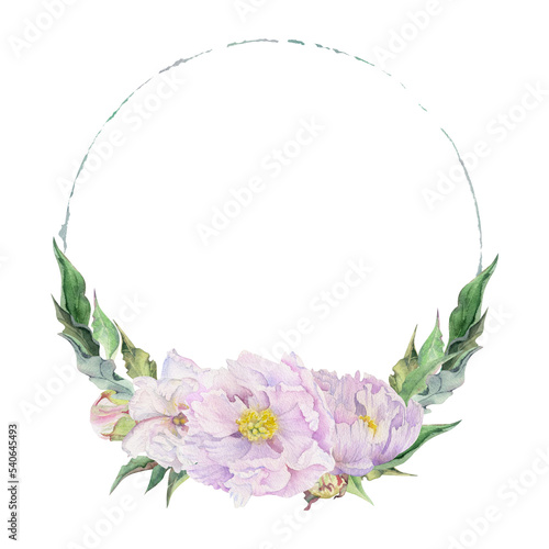 Watercolor circle frame arrangement with hand drawn delicate pink peony flowers  buds and leaves. Isolated on white background. For invitations  wedding  love or greeting cards  paper  print  textile