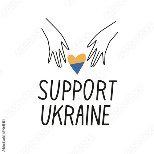 Vector illustration typography composition - support Ukraine. Concept with human hands and heart colored in Ukrainian national colors.