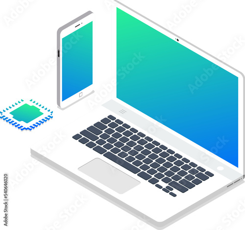 Illustrations computer, mobile and ship computer. Isometric png element technology. photo