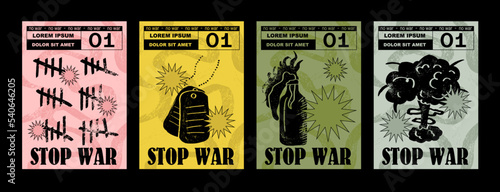 Anti-nuclear war propaganda poster. No to War, Stop War. Set of vector illustrations. Engraving, ink style. Poster, cover, t-shirt print. Military token, molotov cocktail, explosion