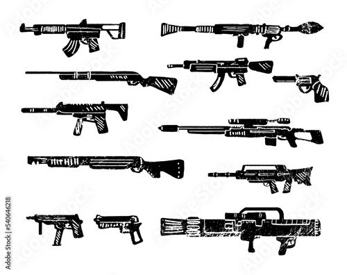 Big set of various weapons engraving, ink style set. Collection of various realistic firearms. Isolated assult rifles, sniper rifles, shotguns, handguns, machine guns, historical guns and other.