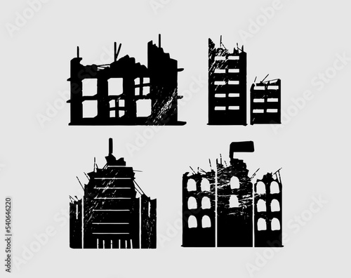 Old ruined silhouette, abandoned and collapsed buildings engraving, ink set. Apartment houses damaged war or earthquake. Apocalypse vector illustration. Clipart for disaster, collapse concept.