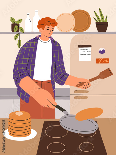 Man cooking pancakes at home kitchen. Person preparing sweet homemade breakfast dish in morning, making and turning, flipping crepes on pan and cooker. Cook process. Flat vector illustration