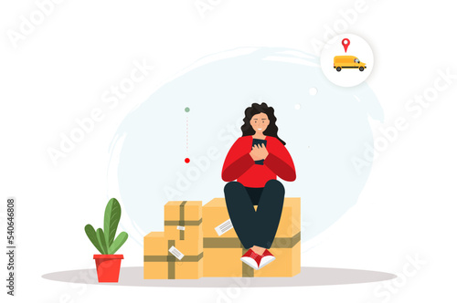 Young woman ordering delivery service via mobile app, online shopping concept, relocation concept, fast delivery service concept, flat vector illustration