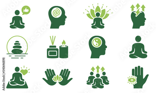 Meditation Relax Balance Aromatherapy Color Icon Set. Yoga in Lotus Pose Harmony Silhouette Icon. Khamsa Zen, Rest Brain Symbol. Spiritual Energy Glyph Pictogram. Isolated Vector Illustration