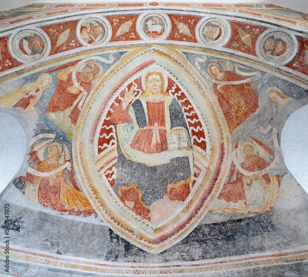 BONDO, SWITZERLAND - JULY 21, 2022: The fresco of Jesus the Teacher in main apse of the St. Martins church from 15. cent.
