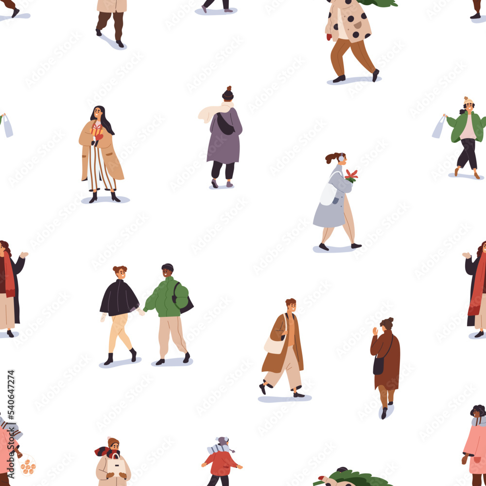 People on winter street, seamless pattern. Endless background, characters with gifts, bags, walking, shopping for Christmas. Repeating texture, print of Xmas rush. Flat vector illustration for decor