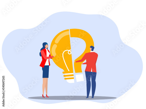 problem solving concept, business people standing with question marks then help hand put the lamp halfway to solve the bright problem. Creative.vector design illustration.